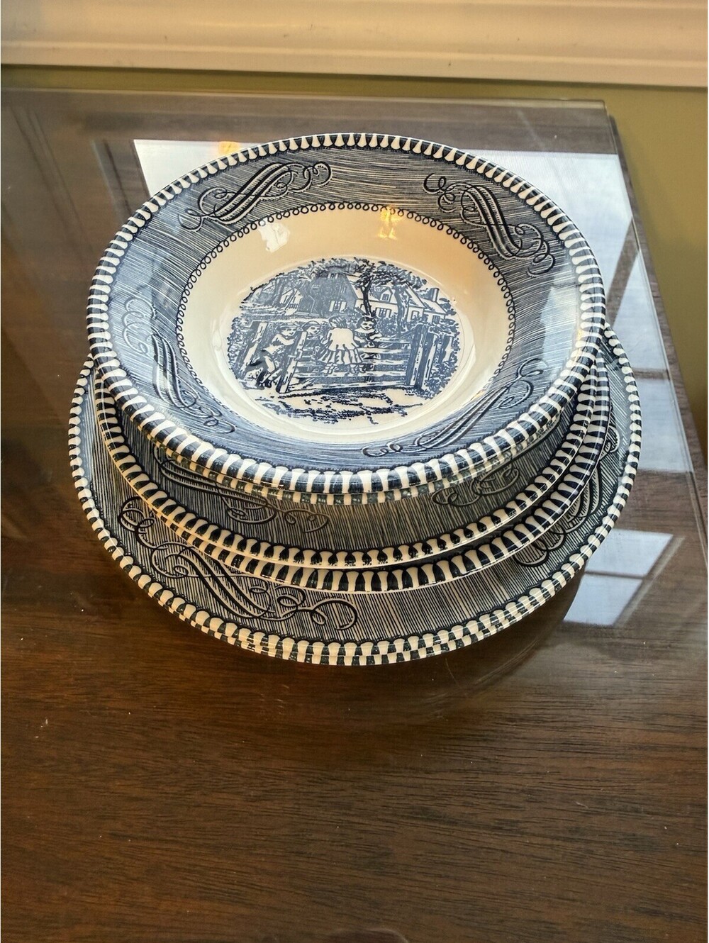 Currier & Ives By Royal Blue Transfer Dinnerware 7 Pc. USA